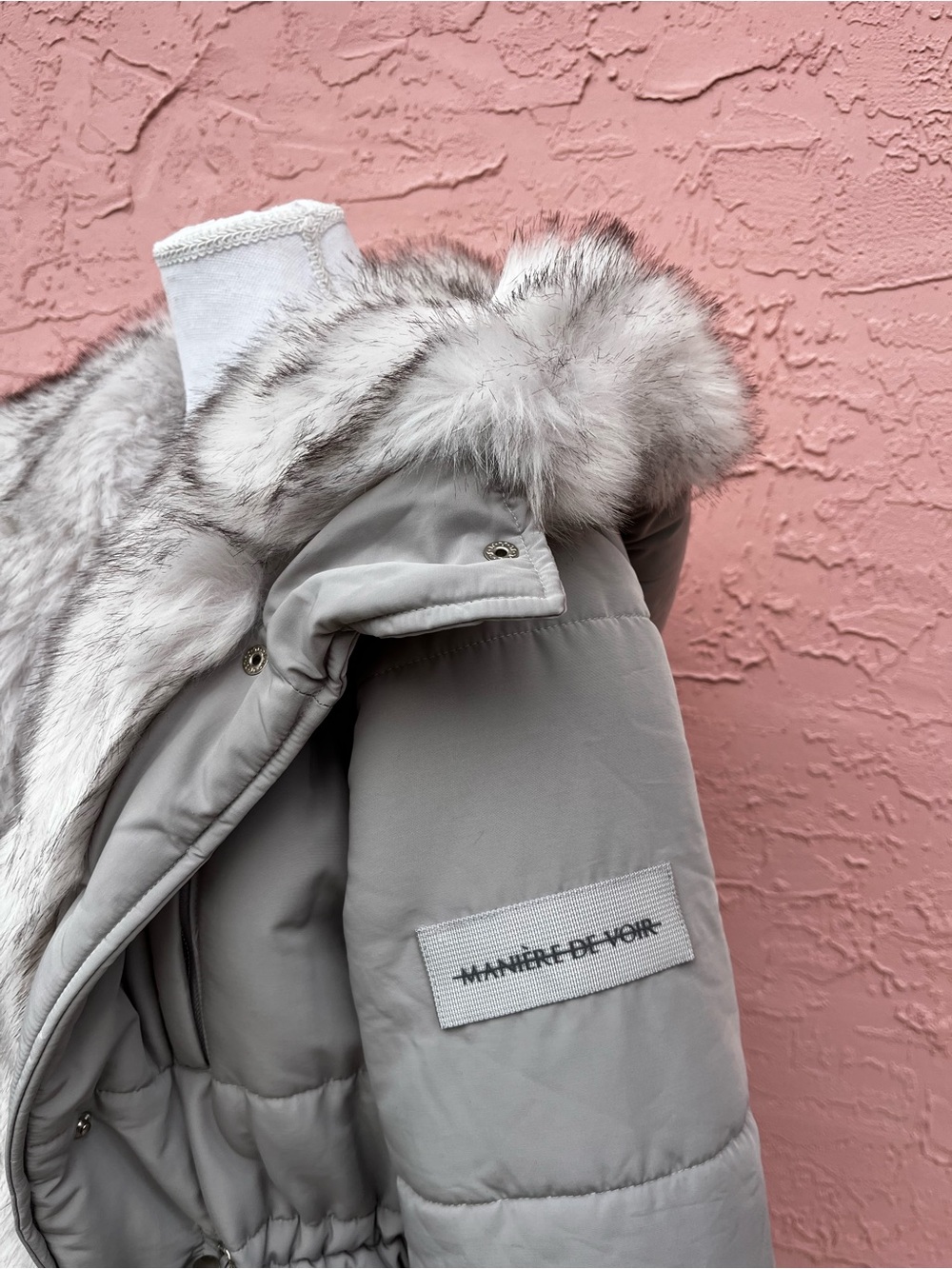 Maniere De Voir Silver Gray Puffer Jacket Coat Faux Fur Hood Longline Size 4